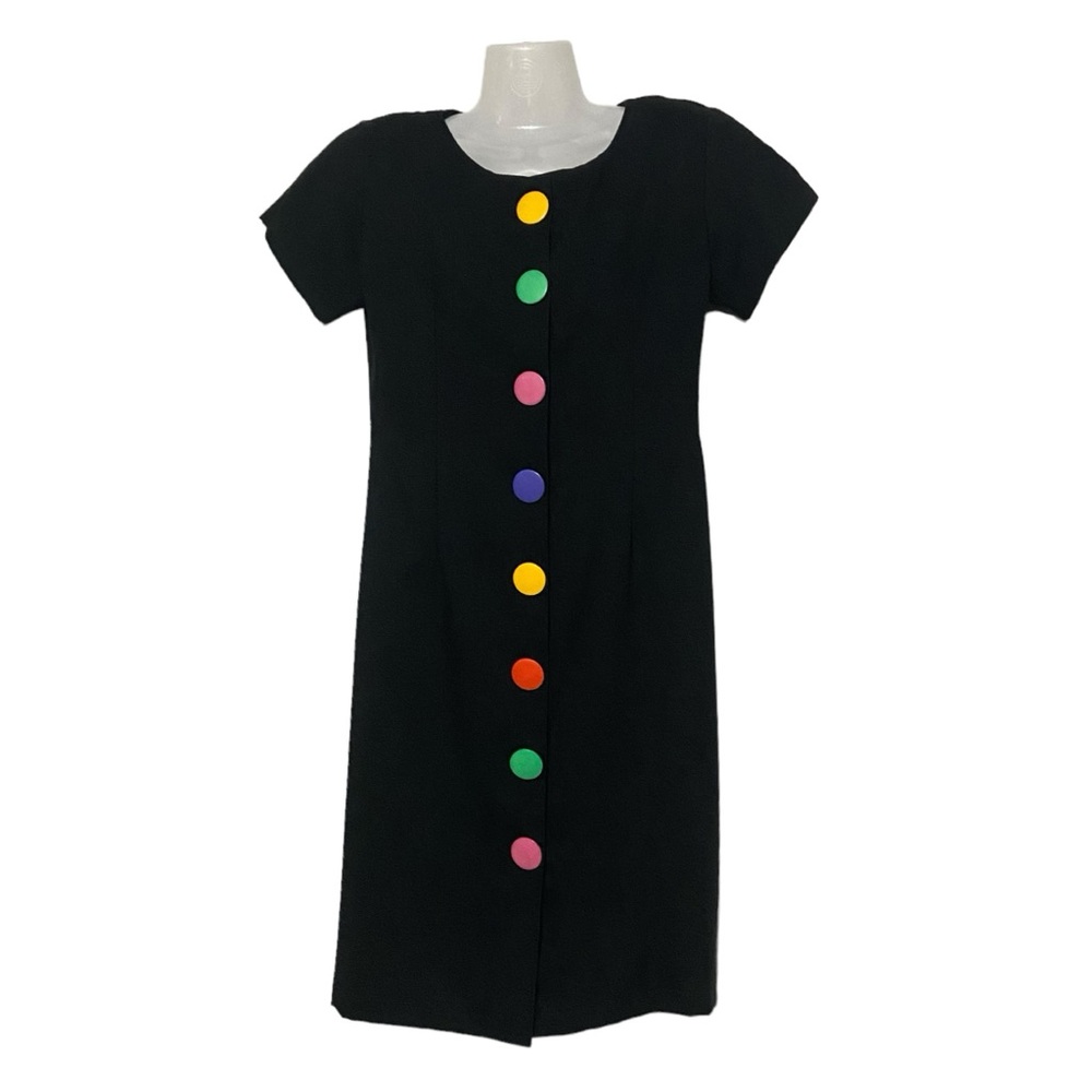 Vintage Rainbow Button Front Fitted David Mitchell Petite 80’s Dress Black